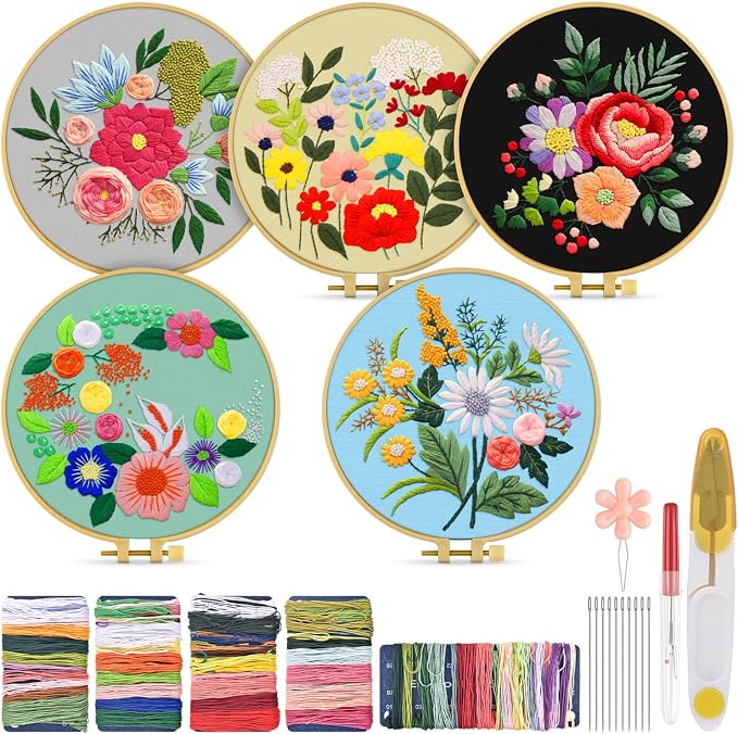 TINDTOP 5 Sets Embroidery Kit for Adults, Floral Embroidery Practice Kit for Beginners Include Embroidery Cloth Hoops Threads for Craft Lover Hand Stitch | for Beginners Include Embroidery Cloth Hoops Threads for Craft Lover Hand Stitch