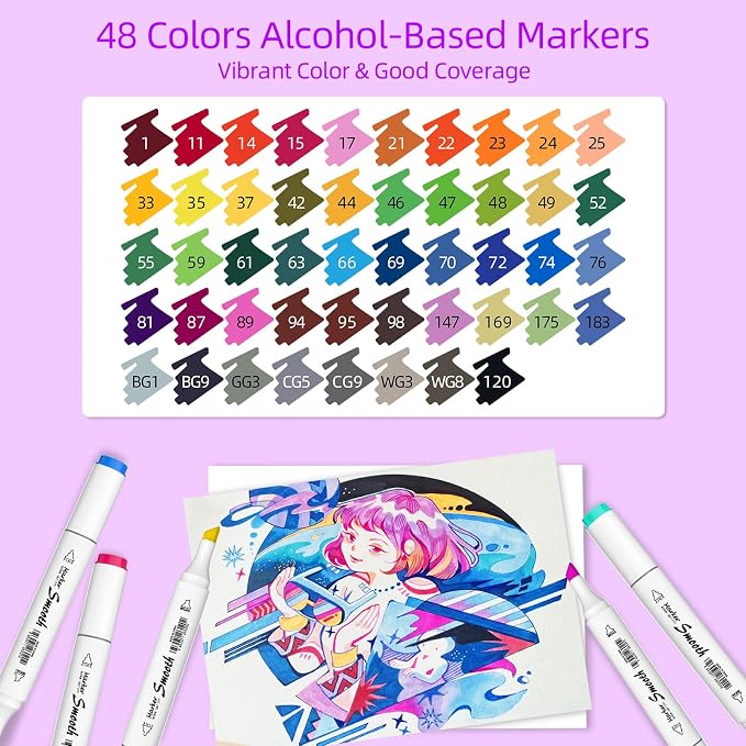 48 Colors Alcohol Markers, Dual Tip Art Markers with Fine Tip & Chisel Tips for Coloring, Illustrations, Drawing, Sketching for Adults
