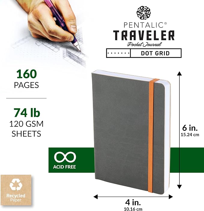 Pentalic 4 x 6" Pocket Dot Grid Traveler Journal, 160 Pages, Gray