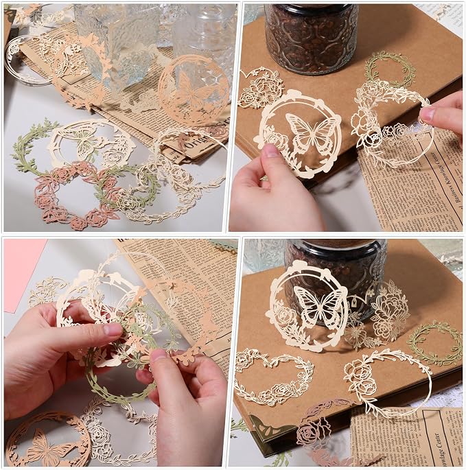 40 Pcs Vintage Flower Scrapbook Paper Lace Cutouts, Decorative Artistic Butterfly Leaf Hollow Out Frame Embellishments Card Making Supplies for Junk Journal DIY Craft Album Planners Decorative Arts
