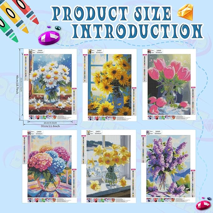 DOZEEZOP 6-Pack Diamond Art Kit for Adults, 5D Diamond Painting 12x16 Inch | Flower pictures, Full Round Drills, Home Wall & Shelf Decor, Beginner-Friendly DIY Craft, Stress Relief, All-Occasion Gift
