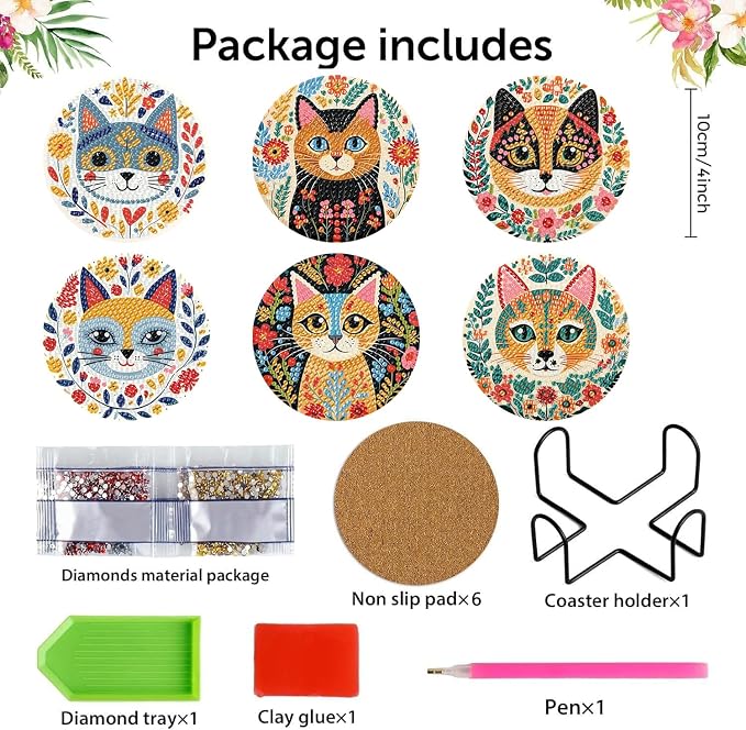 mrpwnle 6 Pcs Diamond Art Coasters Kits, Cat Diamond Painting Coasters Kit
