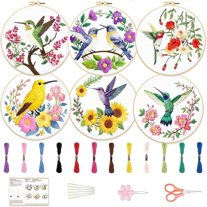 BEUNITONE 6 Set Hummingbird Starter Embroidery Kit with Pre-Stamped Pattern