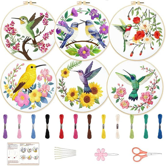 BEUNITONE 6 Set Hummingbird Starter Embroidery Kit with Pre-Stamped Pattern