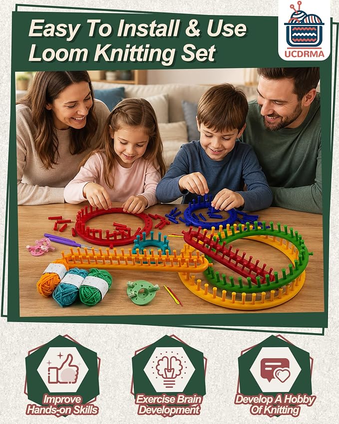 UCDRMA Premium Loom Knitting Kit 35PCS Beginners Long + Round Knitting Loom Kit with Yarn, Instructions & Pom Pom Maker, Quick Yarn Loom Set Scarf/Socks/Hat Loom Crochet Kit for Family