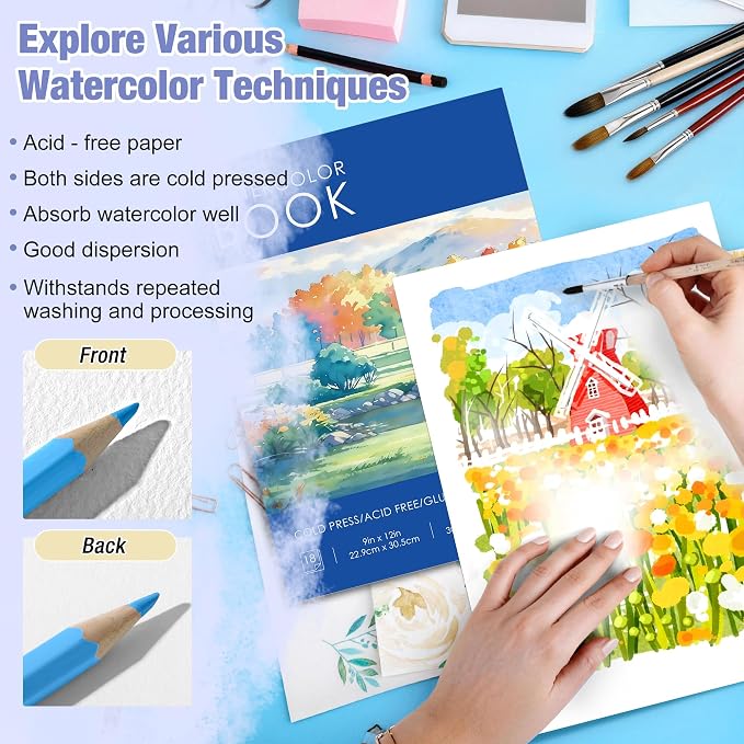 Creazic Watercolor Paper Pad, 9"x12" Water Color Paper (140lb/300gsm, 18 Sheets) - Artist Grade for Watercolor, Acrylic, Gouache & Drawing - Art Sketchbook, Watercolor Journal for Adults & Kids, Blue