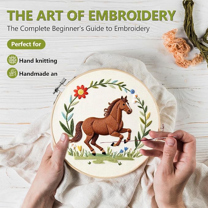 Santune 3 Pack Embroidery Kit Cross Stitch Needlepoint Kits for Beginners Adult Needle Point Sets with Mushroom & Horse Embroidery Patterns, Includes Step-By-Step Instructions & Accessories