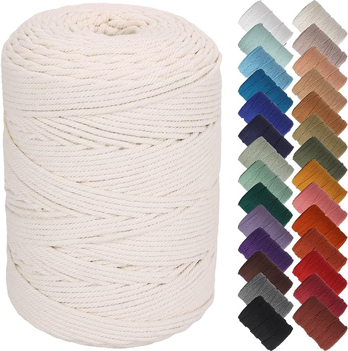 NOANTA Natural Macrame Cord 3mm x 328Yards, Beige Cotton Rope Macrame Yarn | Macrame Rope Supplies, 3 Strand Twisted Cotton Yarn String, Cotton Cord for Wall Hanging, Plant Hangers, Crafts, Knitting