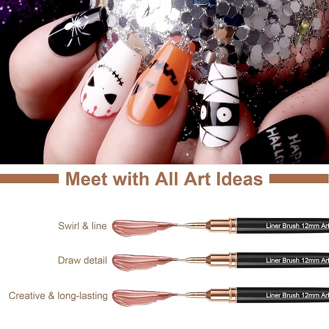 Artdone Metallic Nail Art Pens, Liner Brushes Set, 5PCS Black Nail Tools