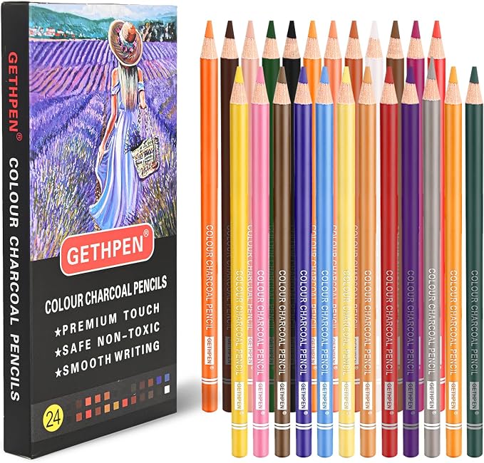 GETHPEN Colored Charcoal Pencil Set,Pastel Chalk Drawing Pencils,24 Colors | Professional Skin Tone Colored Charcoal and Pastel Chalk Pencils, for Sketching, Shading, Coloring, Layering & Blending