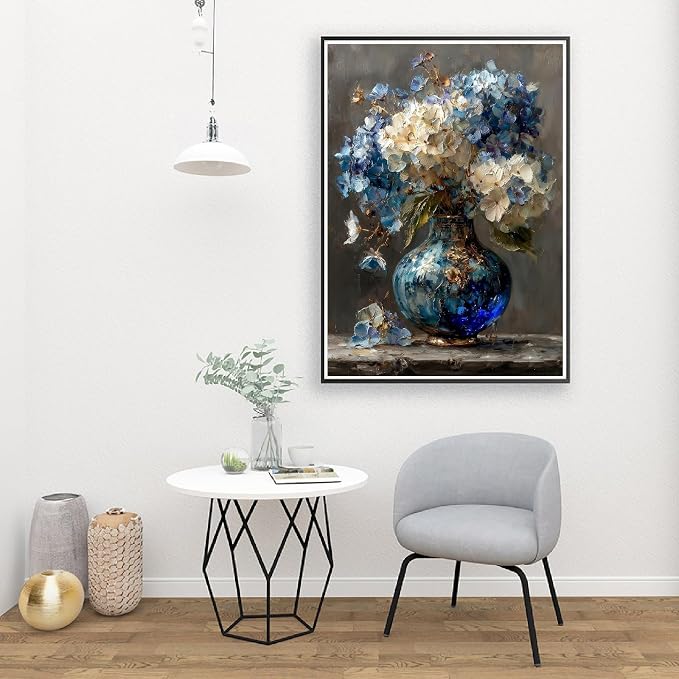 pchmcu Hydrangea in Glass Vase Paint by Numbers Kits for Adults,Blue and White Flowers Paint by Number for Adults Beginner, Paint by Numbers Kits on Canvas Frameless for Home Wall Decor 16x20inch