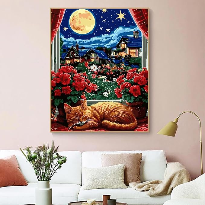 ZRIZQ Paint by Numbers Kit for Adults Beginner,Moon Cat,16x20 | Full set with wooden brushes,rolled canvas,rich paints.Calming activity.Beginner friendly.Just open and paint.