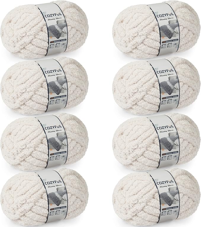 Cozyful Chunky Yarn for Hand Knitting - #10 Chunky Chenille Yarn, Jumbo Big Thick Chunky Yarns for Crocheting, Super Bulky Chunky Knit Blanket Yarns, 8 Skein (22 yds 8 oz Each Skein), Beige White