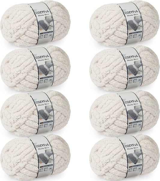Cozyful Chunky Yarn for Hand Knitting - #10 Chunky Chenille Yarn, Jumbo Big Thick Chunky Yarns for Crocheting, Super Bulky Chunky Knit Blanket Yarns, 8 Skein (22 yds 8 oz Each Skein), Beige White