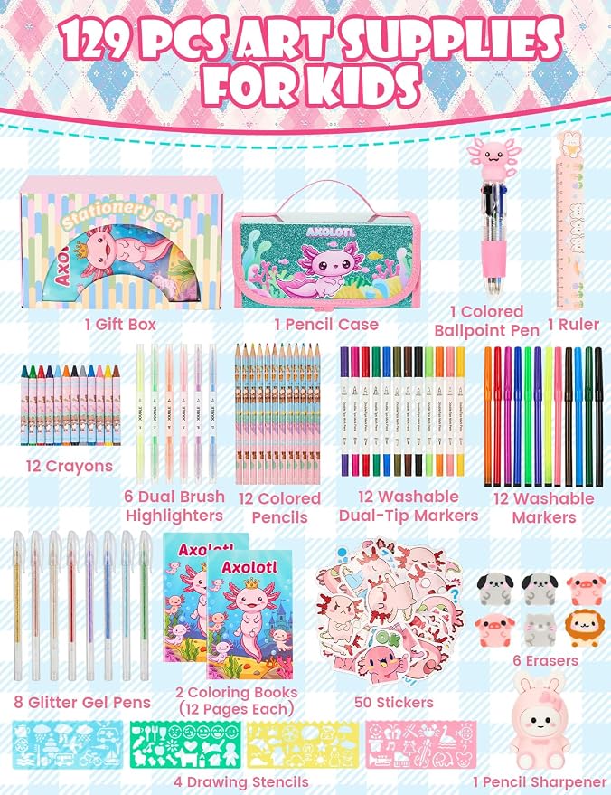 129 PCS Washable Markers Set for Kids 4-8, Axolotl Art Supplies for Kids