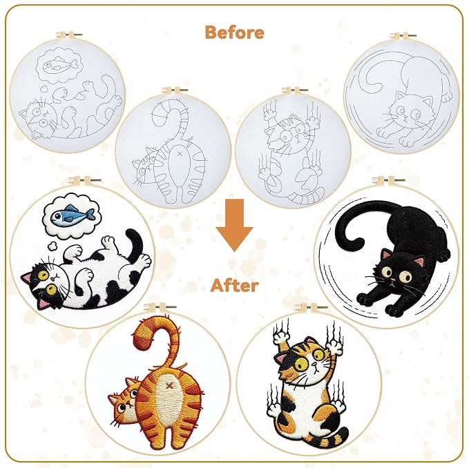 BEUNITONE 4PCS Fun and Funny Cat Embroidery Kit for Beginners, Cute Pre-Print Cat Pattern Hand Embroidery Kits with Hoop and Instruction, DIY Needlepoint Craft Kit for Gifts and Home Decor