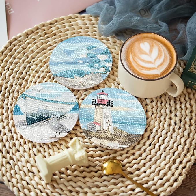 askkqtx 8 Pcs Beach Diamond Art Coasters Kits with Holder 4X4 Inch