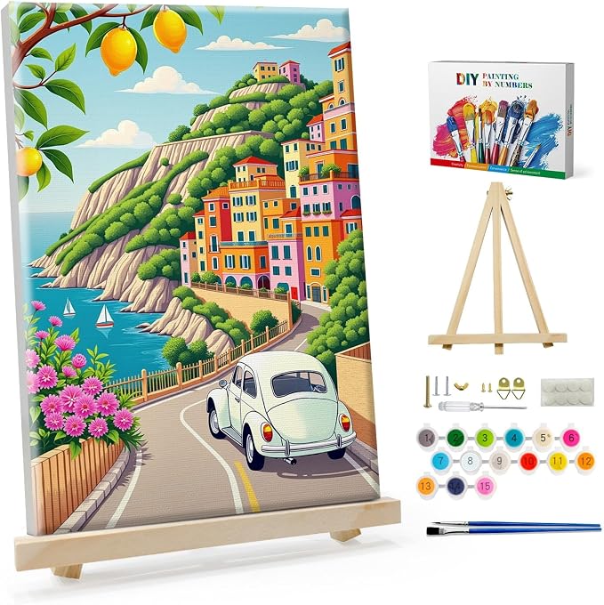 SparkGlow Landscape Paint by Numbers Kit for Adults with Frame, 8×12 Inch | Paint by Number with Easel, HD Canvas, Rich Colors, Number Painting for Gift, Home Decoration, Relax and Fun