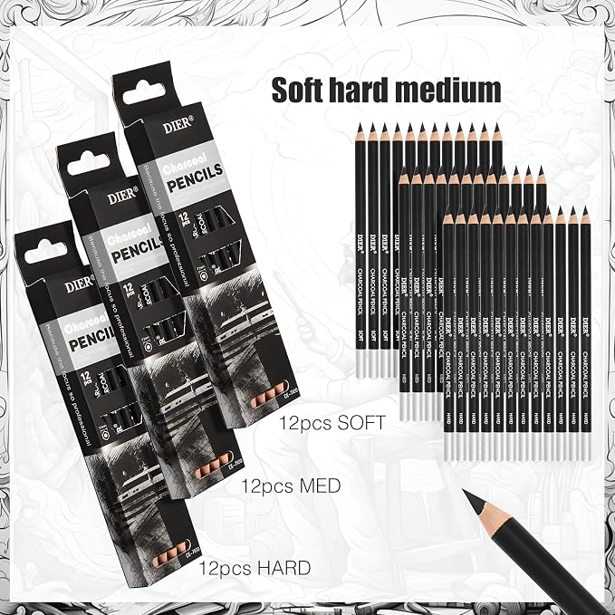 Geyoga 36 Pcs Professional Charcoal Pencils Bulk Classroom Set Soft, Medium and Hard for Drawing Charcoal Pencils for Sketching Shading Drawing Blending Portrait(Black,Assorted)