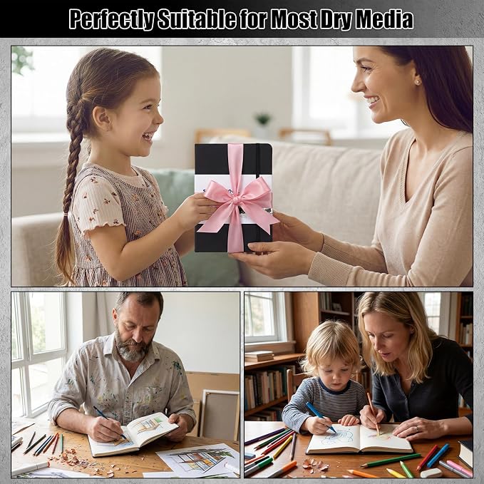 Hardcover Sketchbook 5×7 in, 180 GSM, 80 Sheets/160 Pages, Black | Acid-Free Heavy Paper, Pu Cover, Perforated Pages, Elastic Closure, Back Pocket, for Drawing & Sketching