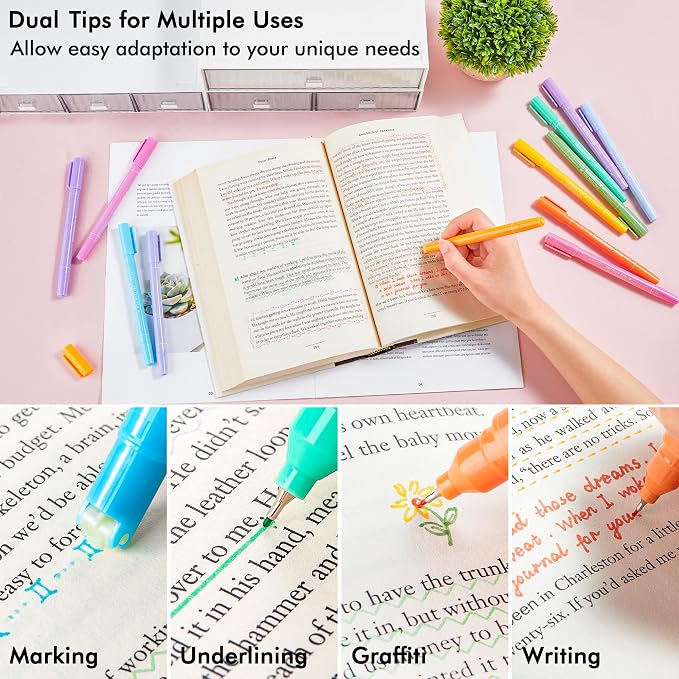 12 Colored Curve Highlighter Pen Set, 10 Different Shapes Dual Tip Marker Highlighters for Journaling Drawing Note Taking,Curve Highlighter pens for Planner Scrapbook School Supplies
