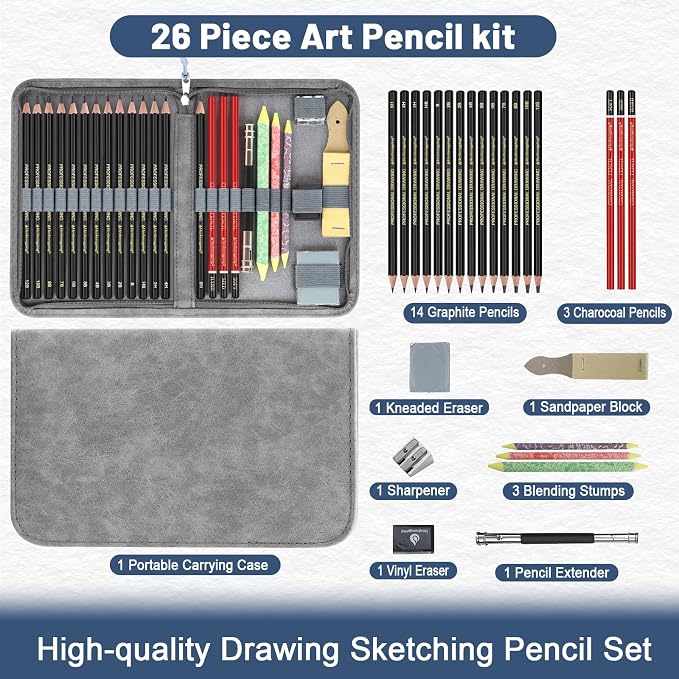 Heshengping Sketching and Drawing Pencils Set 26pcs, Art Supplies Drawing pencil Kit,Graphite Charcoal Professional Pencils Set, Adults Beginners Artist