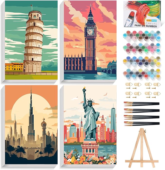 4 Pack Framed Paint by Numbers Kit for Adults with Wooden Easel, 8x12 Inch | Travel Cityscape, Easy DIY Acrylic Canvas Craft Kit with Frame for Beginners, Home Decor, Stress Relief Relaxing Hobby Gift
