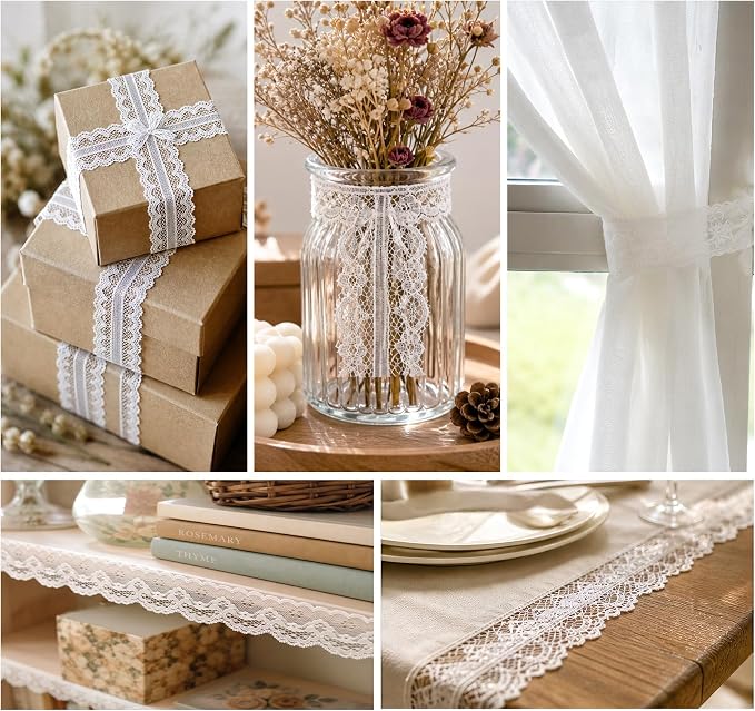 ilauke White Lace Ribbon, 8 Rolls Vintage Lace Trims 0.5 to 2.36 inch Width