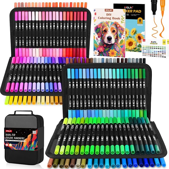 IVSUN 168 Colors Dual Tip Watercolor Markers Pens with Bag-Brush & Fine | Coloring Markers for Adult Coloring Book, Journaling, Drawing, Note Taking, Planner, Lettering, Calligraphy, Art Supplies Kit