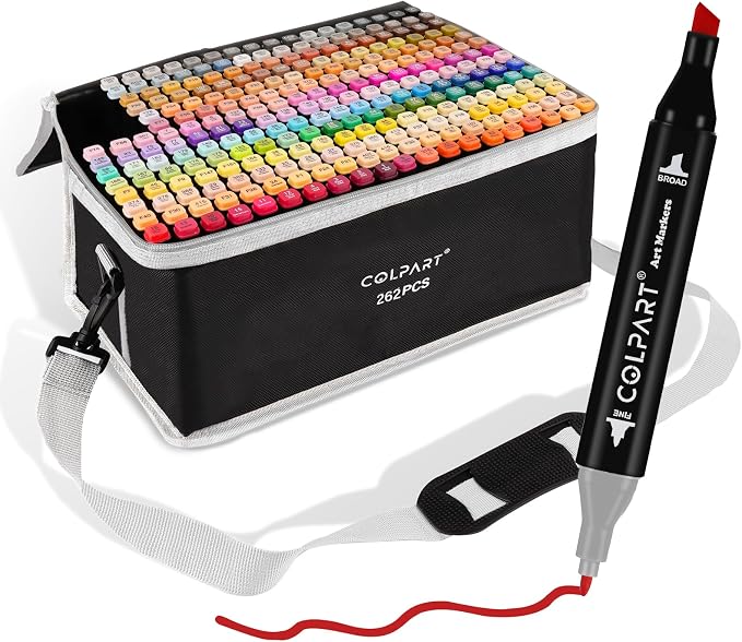colpart 262 Colors Alcohol Markers Dual Tip Art Marker Pens with Pen Holder and Carry Bag for Adult Coloring Painting Supplies Perfect for Painting, Coloring, Sketching and Drawing