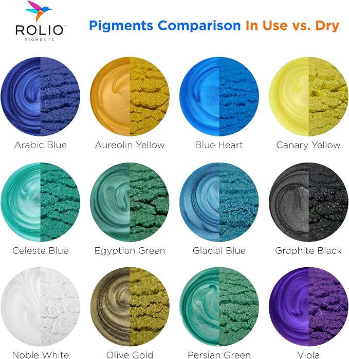 Rolio - Mica Powder Color Pigment Set - Summer Mountains, 10g, 12 Jars | Pearlescent Color Pigments, Resealable Jars for Epoxy Resin, Soap Making, Candles, Slime, Nail Art, and DIY Crafts