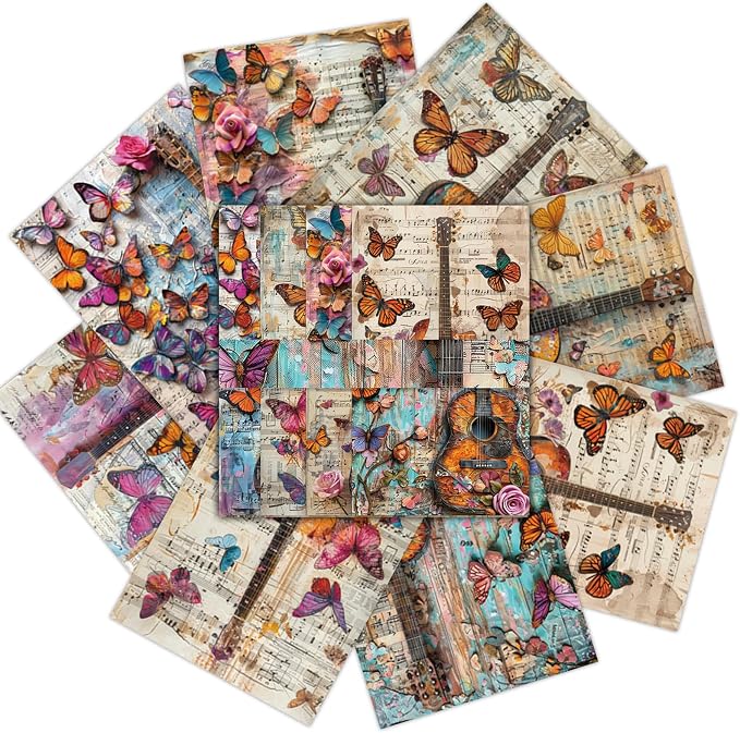 PRSTINCOL Scrapbook Paper,16 Sheets 4.1x5.8 Inch Guitar Butterfly Style Scrapbook Paper,Single-Sided Vibrant Origami Decoupage Papers for Diy Crafts, Card Making, Art Journaling