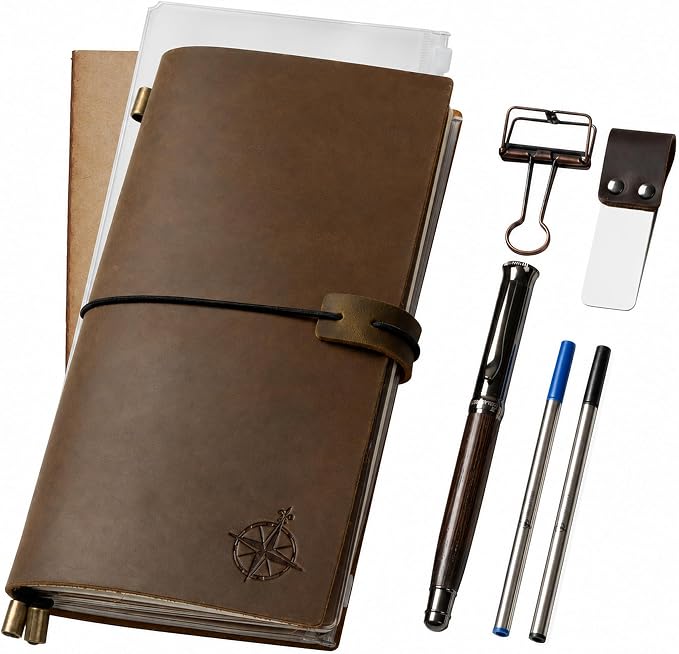WANDERINGS Regular Size Travelers Notebook Bundle – 4.5" x 8.5" (11.5 x 22cm) – Genuine Leather Journal with Pen Holder, Pen, 2 Ink Refills, PVC Folder & Binder Clip