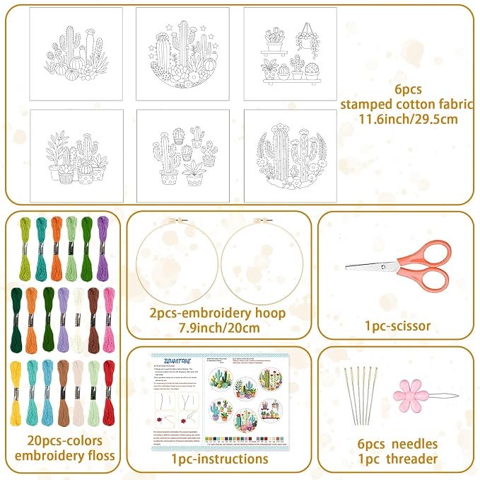 BEUNITONE Cactus Embroidery Kit for Beginners, 6PC Succulent Plant Themed Needlepoint Kits for Adults with Hoops, Threads, Needles, Instructions and Full Kits, DIY Home Decor Craft Gift for Adults