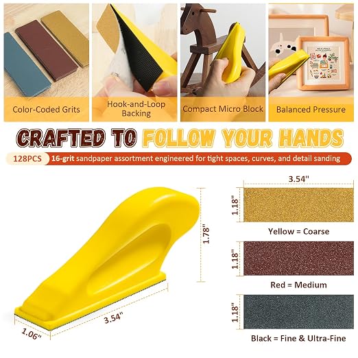 128PCS Premium Micro Sander & Sandpaper Kit, Detail & Mini Hand Sander with Small Sanding Block, 80–3000 Grit Sandpaper Assortment for Wood, Crafts, Furniture, Tight Spaces & DIY Projects