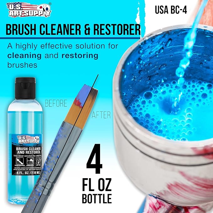 U.S. Art Supply Brush Cleaner and Restorer, 4 Ounce Bottle | Cleans Paint Brushes, Airbrushes, Art Tools - Cleaning Solution to Remove Dried On Acrylic, Oil and Water-Based Paint Colors