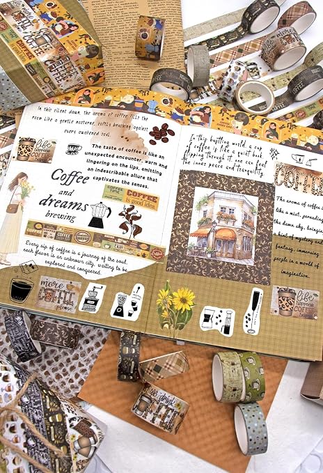 Coffee Themed Washi Tape Set, 14 Rolls Vintage Crafts Tape, Art Decorative Tape for Scrapbooking Supplies, Junk Journal, Bullet Journaling, Vision Board Supplies