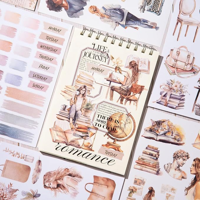 YagCu Journaling Sticker Book, Reading and Writing Scrapbook Stickers, Junk Journal Supplies, Pre-Cut Aesthetic Scrapbooking for Women, Collage Decorative Ephemera Bullet Planner DIY Arts