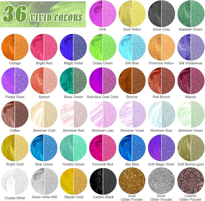 CHANGTIKEJI Mica Powder，36 Colors - 10g/Bottle of Natural Pigment Powder | for Epoxy Resin，Soap Making，Candle Making,Lip Gloss,Car Freshies,Dye,Nail Polish,Bath Bombs