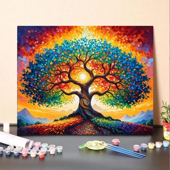 ldazao Tree of Life Paint by Numbers for Adults Beginner with Frame Wooden Easel Stained Glass Painting Kit Color by Numbers 20 X 16 Inches