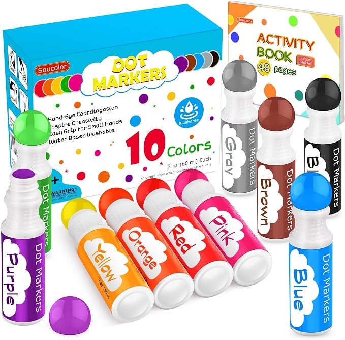 Soucolor Washable Dot Markers,10 Vibrant Colors 48 Pages Activity Book