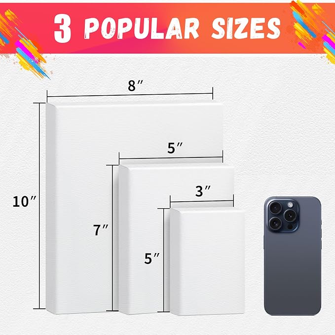 FIXSMITH Stretched Canvas for Painting, 3"x5", 5"x7", 8"x10", Pack of 3, Pre-Primed Canvases Wood Framed, Blank White Painting Canvas Boards for Acrylic, Oil and Gouache Painting