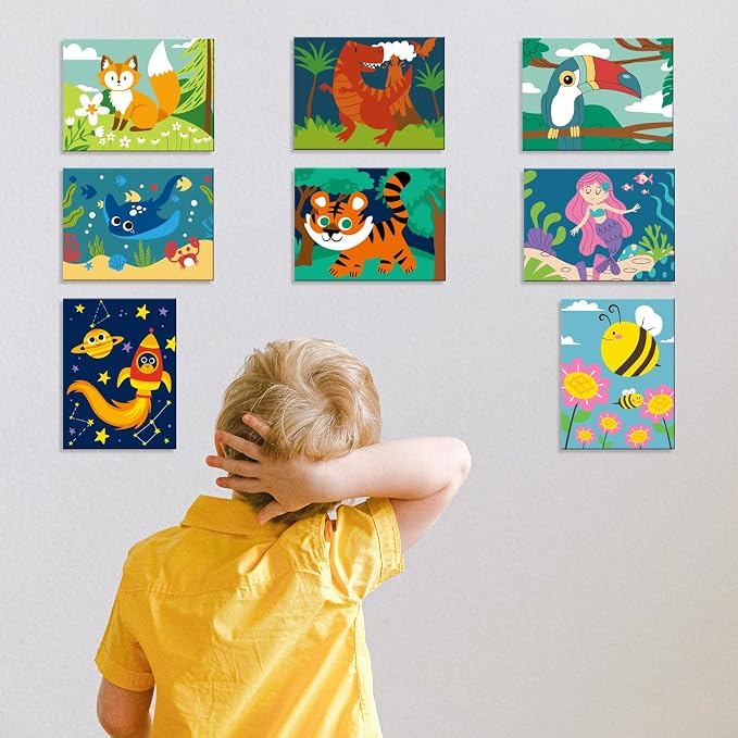 goldentime 8 Packs Predrawn Canvas for Painting Kids Painting Canvas for Kids Painting Kits for Kids 4-8, 48 Paints, 8 Brushes 2 Easels, 8 6x8 Printed Canvas to Paint for Girls Boys and Beginners