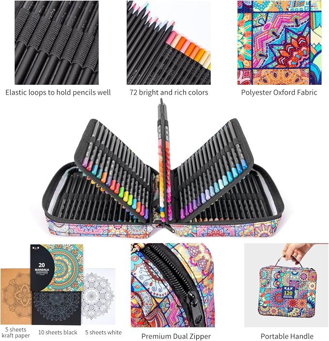 H & B 120 Colored Pencils Set for Adults with 3-Color Coloring Book & Case | Artist Soft Oil-Based Cores, Black Wood, Mandala Coloring for Stress Relief, Portable Drawing Kit with Sharpener & Eraser