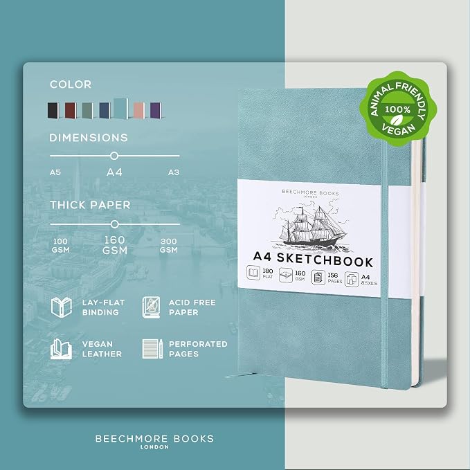 Beechmore Books A4 8.5x11 Mixed Media Sketchbook 160 GSM/98LB with Gift Box | Hardcover Art Journal with Lay-Flat Binding, 156 Perforated Ivory Pages for Drawing, Ink & Light Watercolor