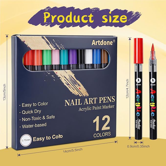 Artdone 12 Colors Nail Art Pens Set, 3D Quick-Drying Acrylic Paint Markers Nail Point Graffiti Dotting Drawing Liner Brush for DIY Gel Nail Polish Design Manicure Tools