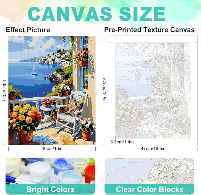 Paint by Numbers Kit for Adults, Coastal Balcony Painting, 16 x 20 Inch | DIY Adult Paint by Number Kit on Canvas for Beginners, without Frame, Seaside Landscape Wall Decor, Stress Relief Craft Gift