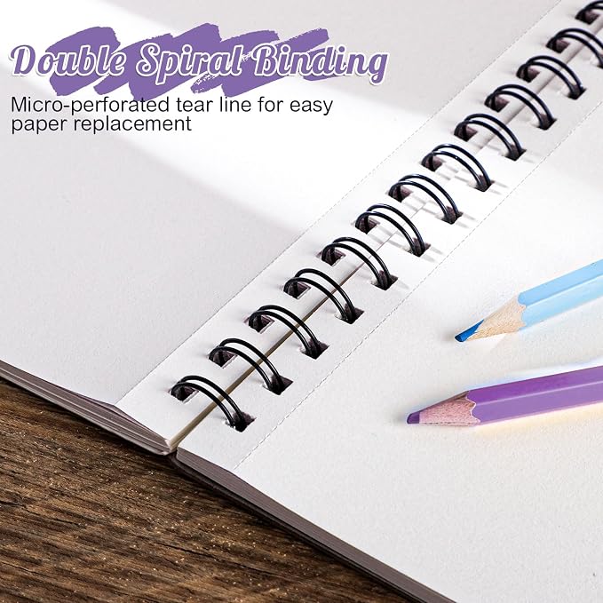 8.5×11 Sketch Book, Spiral Bound, 100 Sheets, Acid-Free, Purple | 68lb/100gsm Paper, Perforated Pages, Sturdy Backboard, Ideal for Pencil, Charcoal, Pastel & Crayon