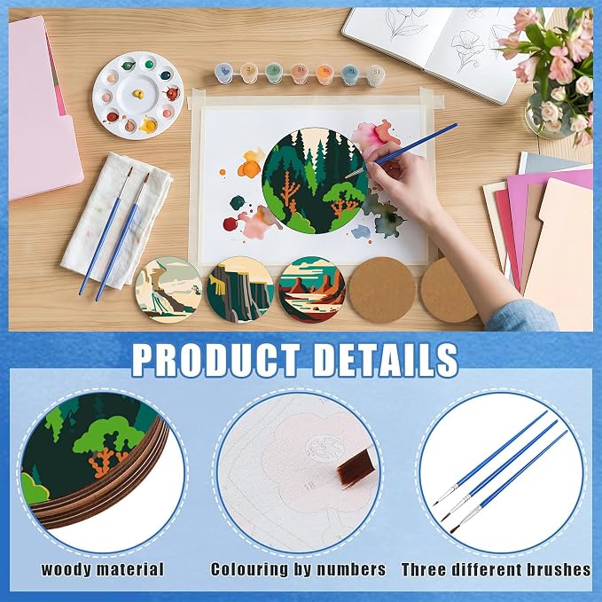 8 Pack Mountain Paint by Numbers Kits Coasters with Holder Cork Pads | Landscape Paint by Number Kit for Adult Simple Round Oil Painting Coaster for Small DIY Craft Holiday Birthday Gift 3.9x3.9in
