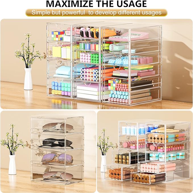 YFXCVSL 3-Pack Acrylic 15-Drawer Storage & Makeup Organizer for Desk | Smooth-glide drawers, clear acrylic, dustproof, waterproof, wipe-clean, for nail polish, essential oils, hair clips